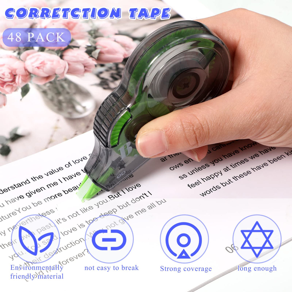 Yexiya 48 Pieces Correction Tapes Original Correction Wide Eraser Applicator Easy to Use Applicator Translucent Tapes Shows for Office Note Journal Scrapbooking, 0.2 Inch x 39.4 Feet