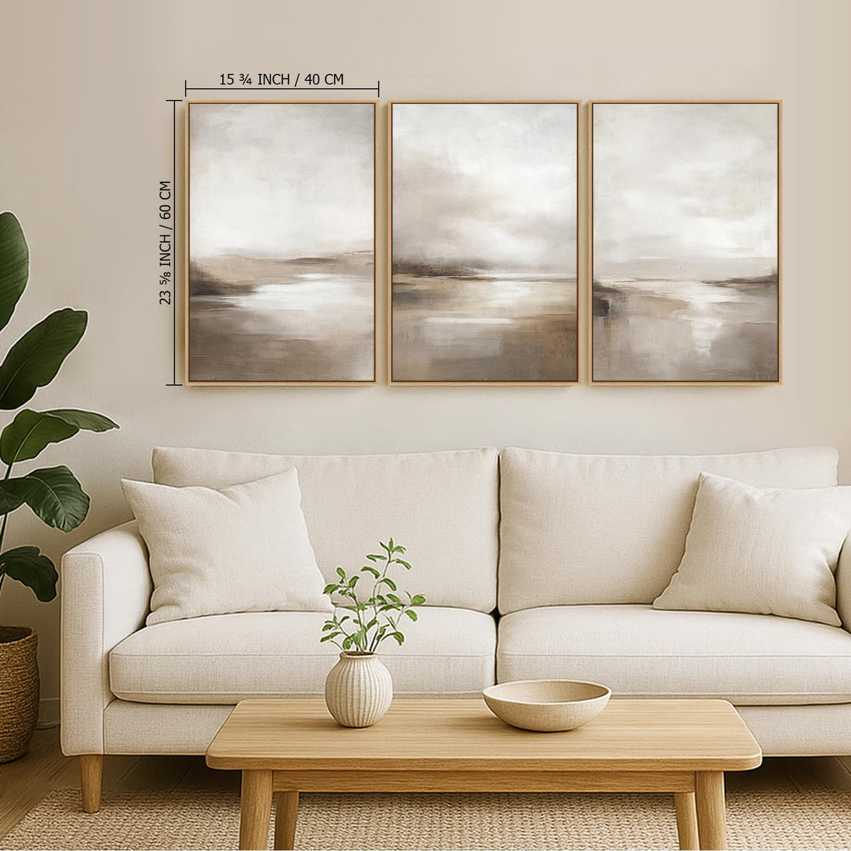 SAFERRYHOME Neutral Abstract Framed Wall Art - Minimalist Modern Nordic Calm Canvas Print Set, Landscape Shapes Earth Tone Illustrations Decor for Living Room, Bedroom - 3 Panels 16x24 Inch