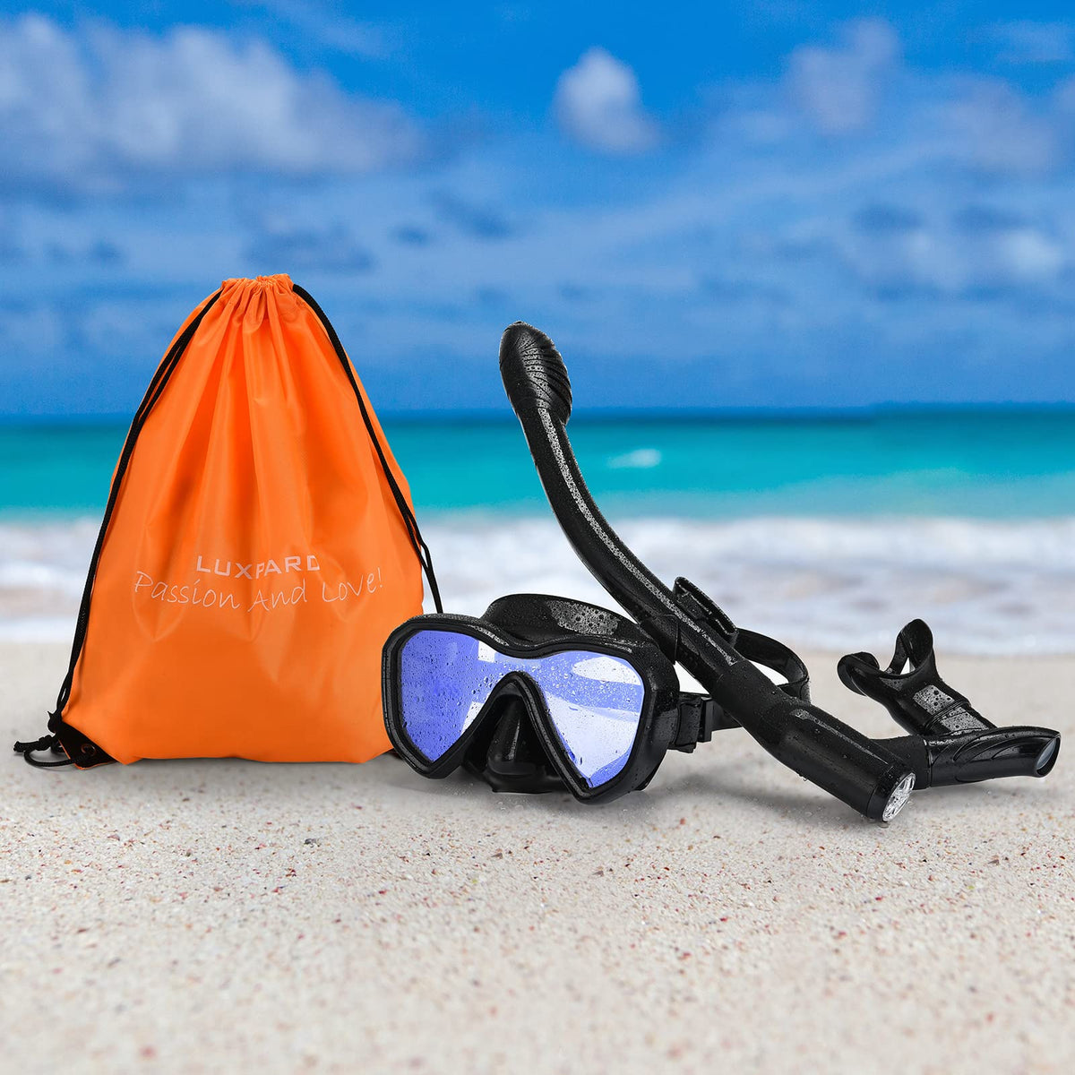 LUXPARD Snorkel Set, Anti-Fog Panoramic View Snorkel Mask and Anti-Leak Dry Snorkel Tube, Snorkeling Gear for Adults, Snorkel Kit Bag Included (Black)