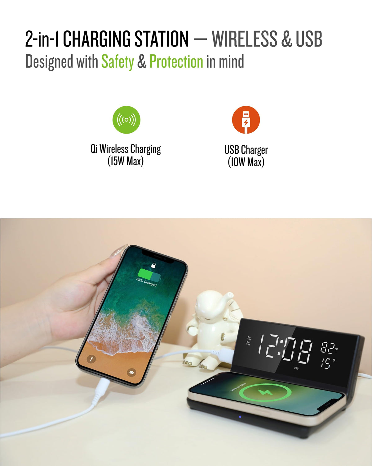 Soundfreaq Charge Rise II, SFQ-20: Digital Alarm Clock, with Dual Alarms, Fast USB Charger and Wireless Charger (Black)