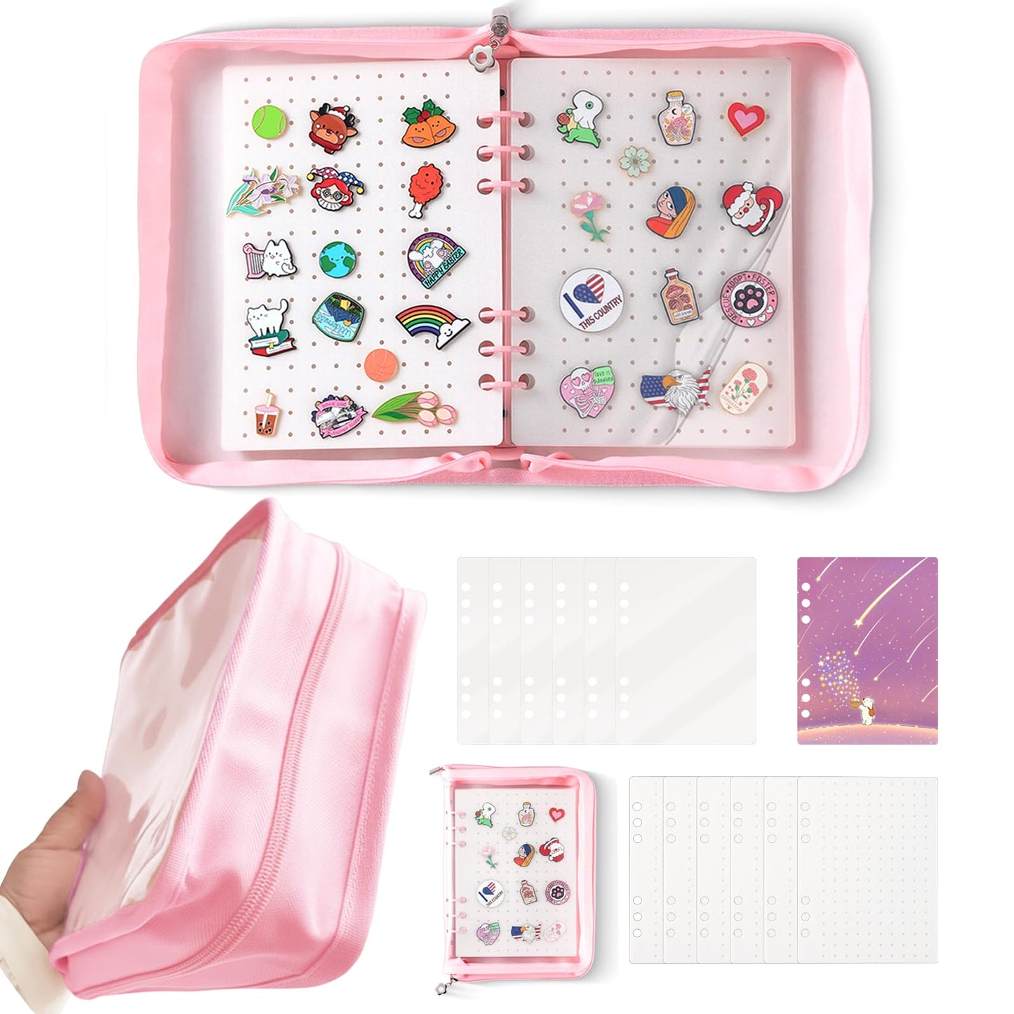 Extra Thick Pin Binder for Collectors A5 Enamel Pin Book Felt Display Boards & Protect Pages Brooch Pin Collector Bag Loose Leaf Pin Trading Binder Travel Trading Pin Holder Pin Storage Organizer Pink