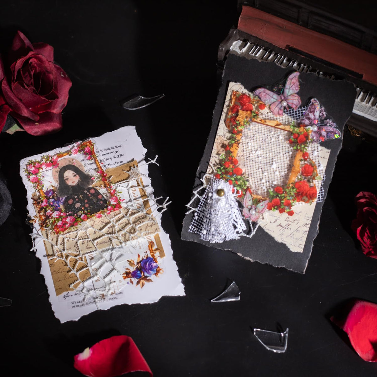 AuriicLeaf Broken Mirror Frame Stickers Set, 40PCS Gothic Rose PET Scrapbook Supplies for Journaling, DIY Crafts, and Planners