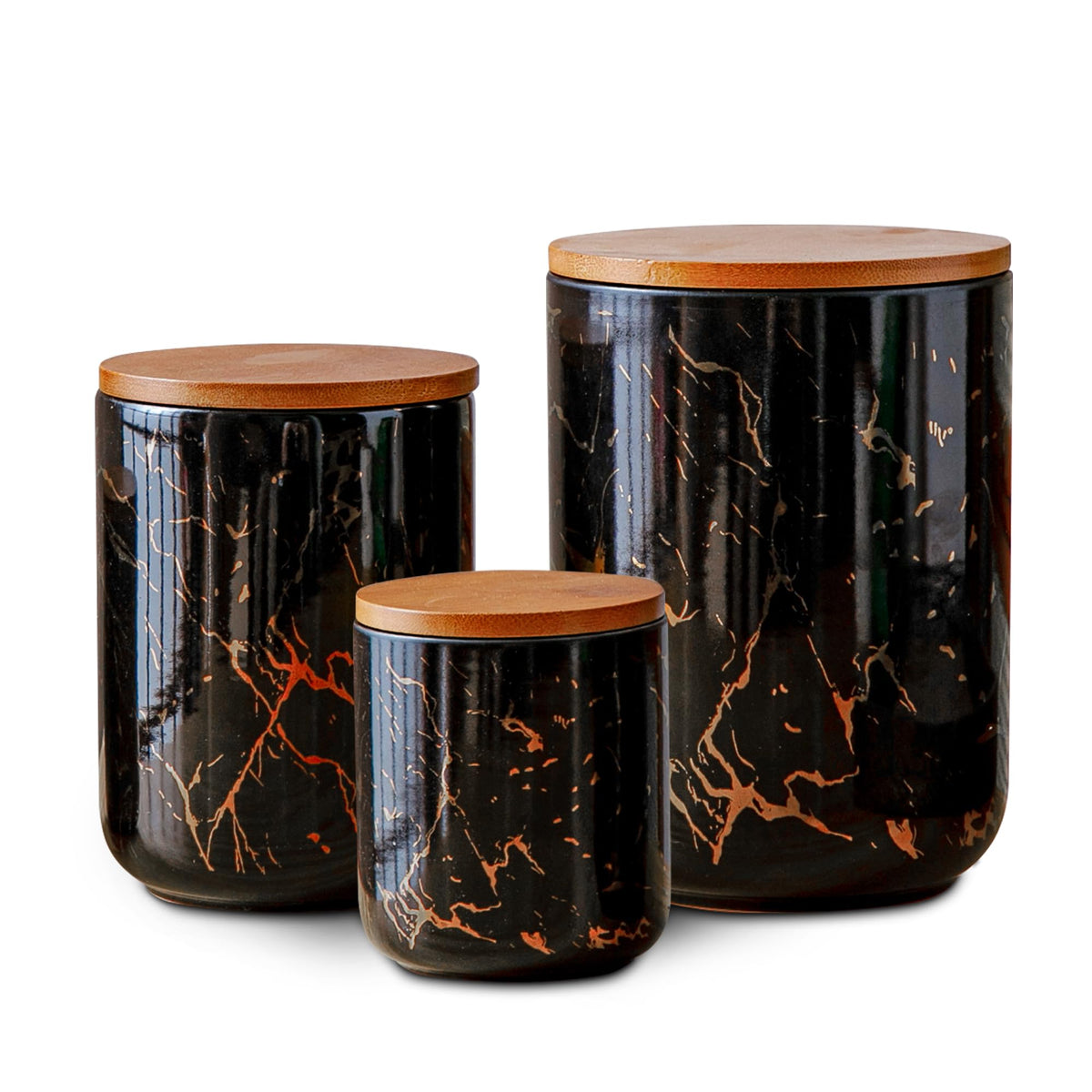 Tenforie Ceramic Canister Set with Bamboo Airtight Lids, 3-Piece Kitchen Storage Jars (48oz, 30oz, 12oz) – Black with Gold Marble Pattern, Glossy Finish, for Coffee, Sugar, Flour & More
