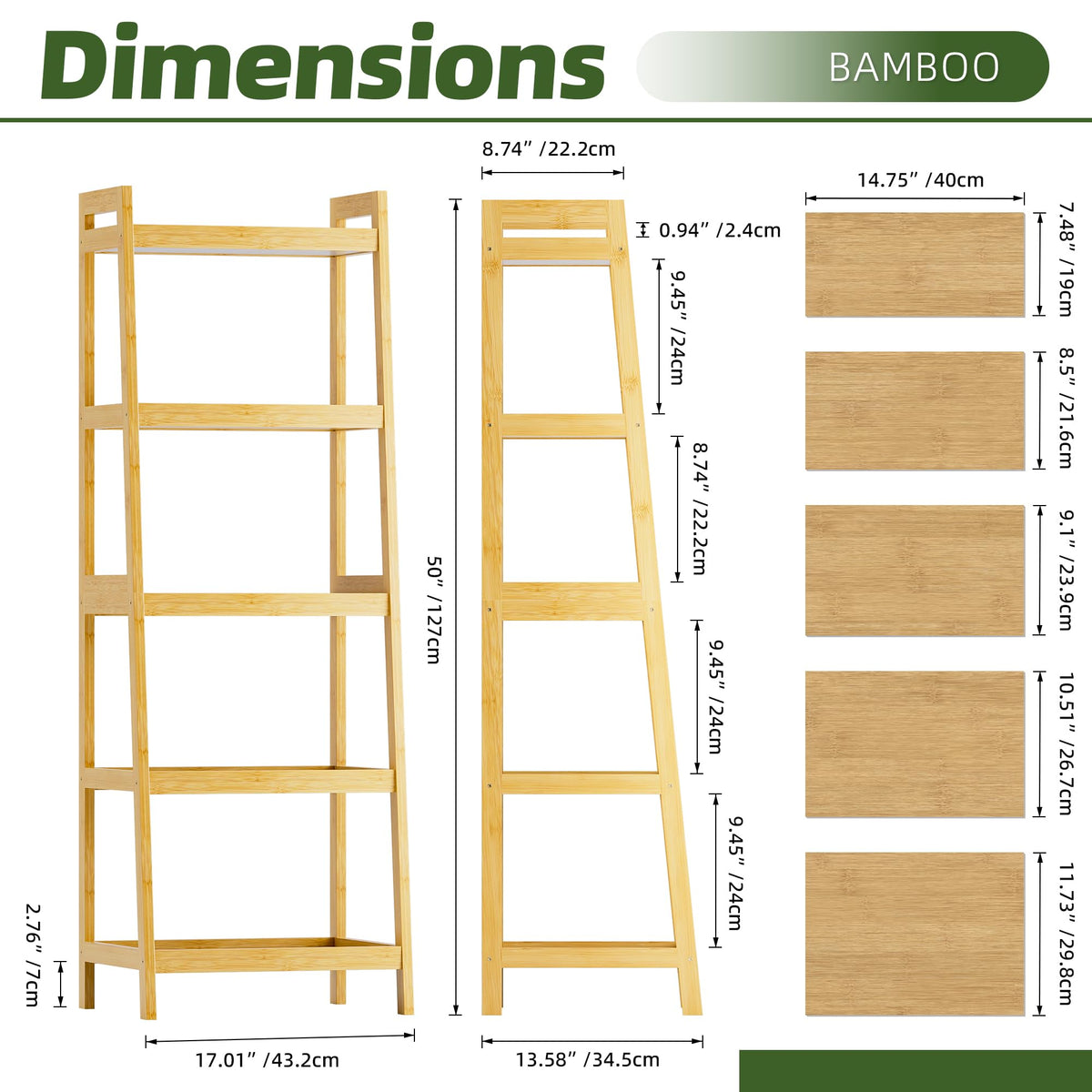 vovala Bookshelf, 5 Tier Ladder Bookcase with Bamboo Frame, Freestanding Tall Narrow Display Plant Shelf for Living Room, Kitchen, Bedroom, Balcony, Natural