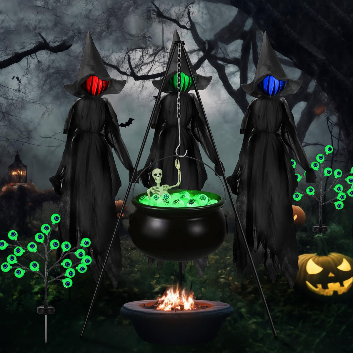 MiniInflat 6 Pack Halloween Decorations Outdoor Included Large Witches Cauldron on Tripod with String Light Eyeball and Skeleton 3 Pcs 6 ft Lighted Witch Stakes 2 Pcs Solar Eyeball Light for Yard Lawn