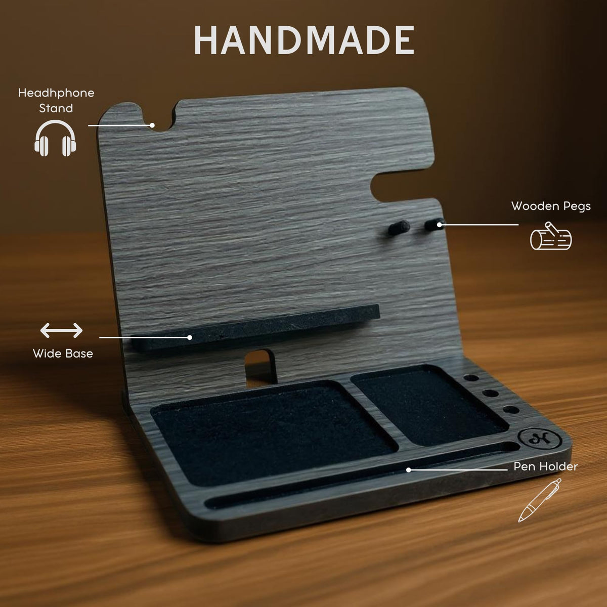 Namore Wood Phone Docking Station for Men – Nightstand & Desk Organizer with Valet Tray for Wallet, Watch & Keys – Bedside Organizer Gift for Husband or Dad