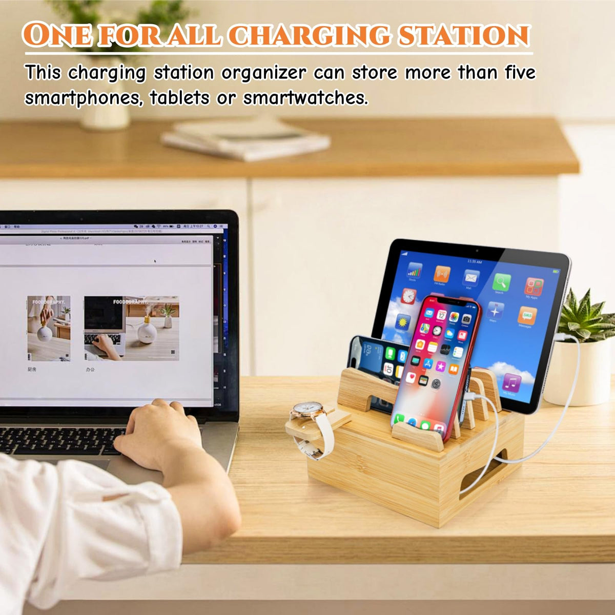 Acshio Bamboo Charging Station for Multi Devices, Small Desktop Docking Stand, Cell Phone Docking Station Charger Organizer for Tablets, Smart Watch (No USB Charger No Charging Cables)
