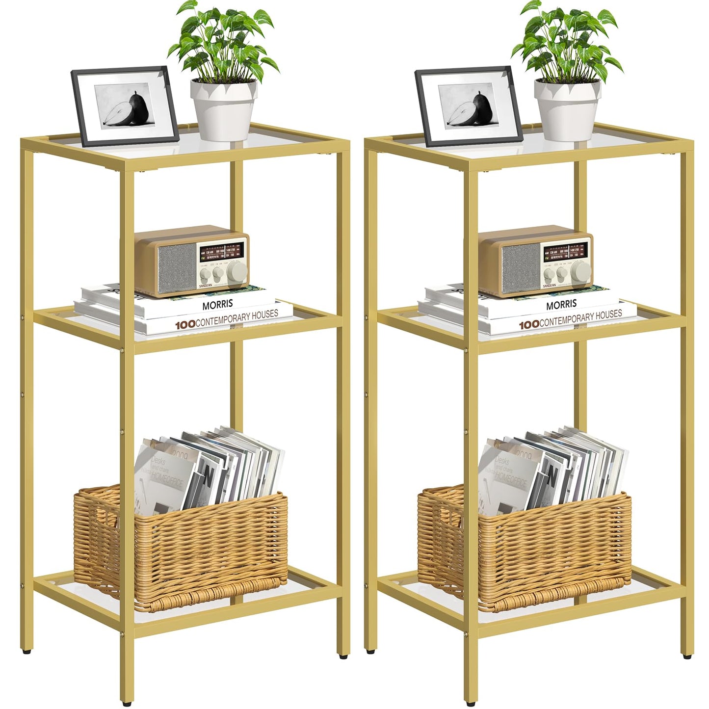 Draelibor Side Tables Set of 2, Tempered Glass End Table with Metal Frame, 3-Tier Small Nightstands with Storage Shelves,Tall Table Stand for Home Decor, Living Room, Bedroom, Office, Gold（2 Pack）