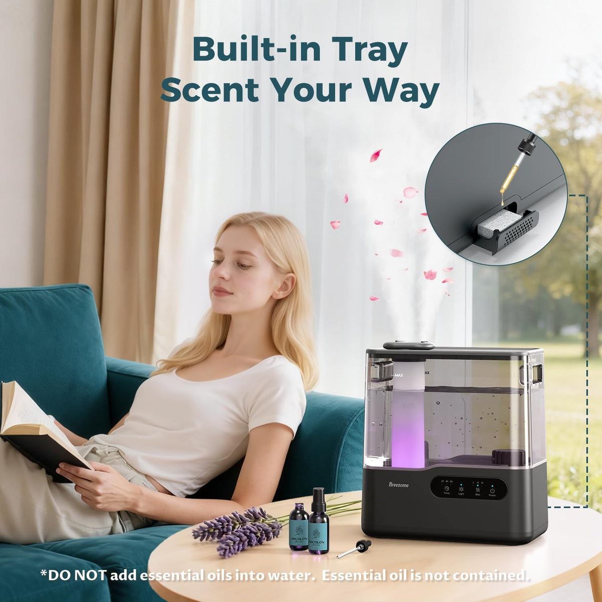 BREEZOME 5L Humidifiers for Bedroom Large Room, 36H Top Fill Cool Mist Humidifier with Essential Oil Tray, 7-Color Mood Light, Timer, Quiet Ultrasonic Humidifier for Home, Baby Nursery, Plants