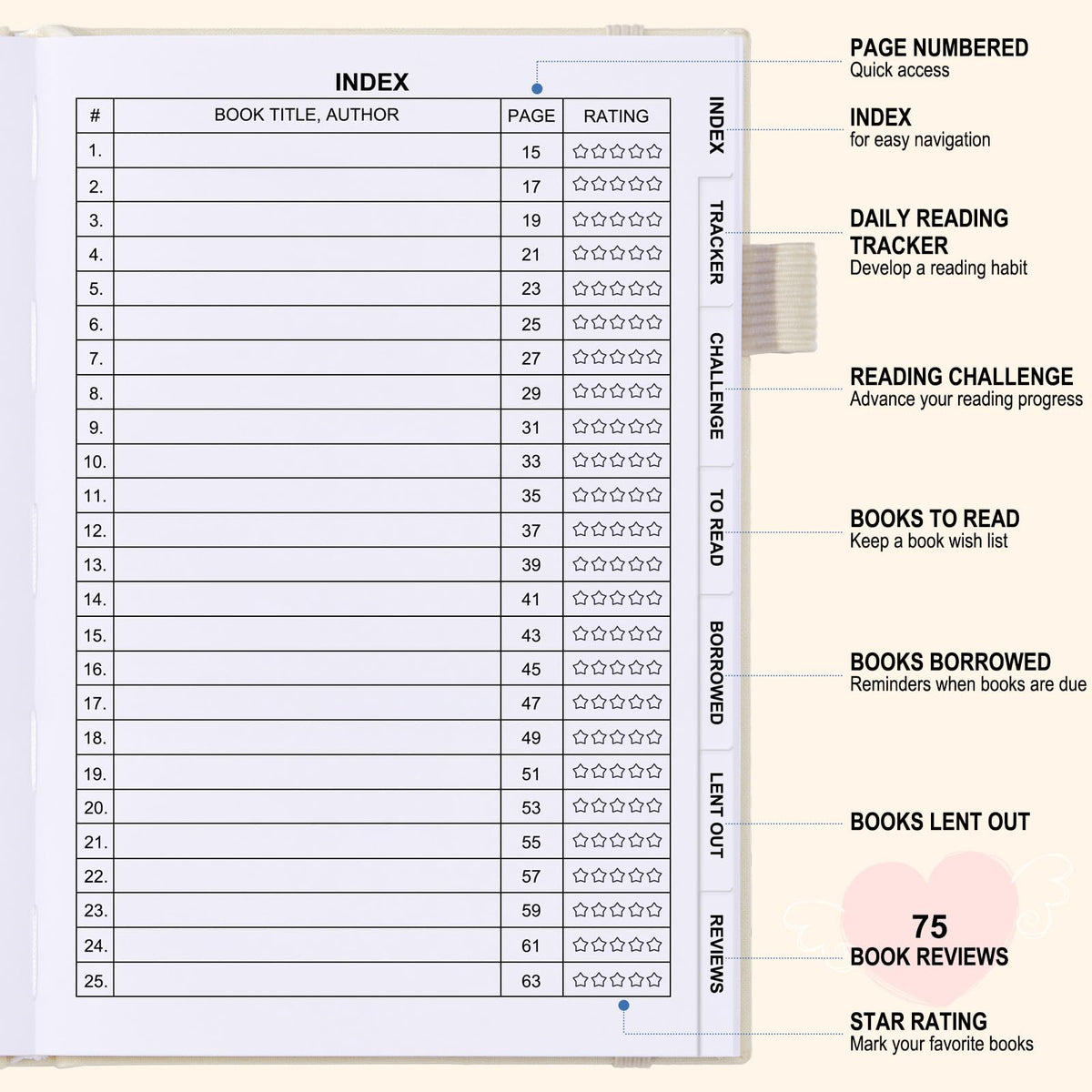 Comkiso Reading Journal for Book Lovers - 75 Book Journal Reading Log for Book Tracking, A5 Linen Book Review Journal with TBR Tracker List, Ratings, Challenges, Prompts, and Index - Beige