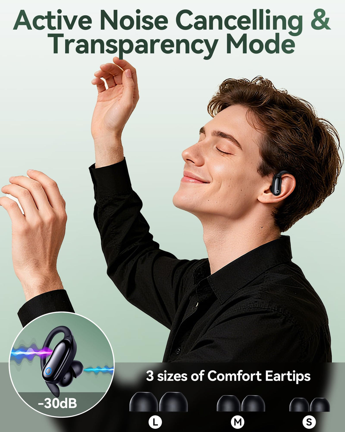 GNMN Active Noise Cancelling Ear Buds Wireless Earbuds 96hrs Playback Bluetooth Headphones Dual Battery Display Stereo Bass Earphones with Earhooks Microphone IPX7 Waterproof for Sports/Runing/Workout