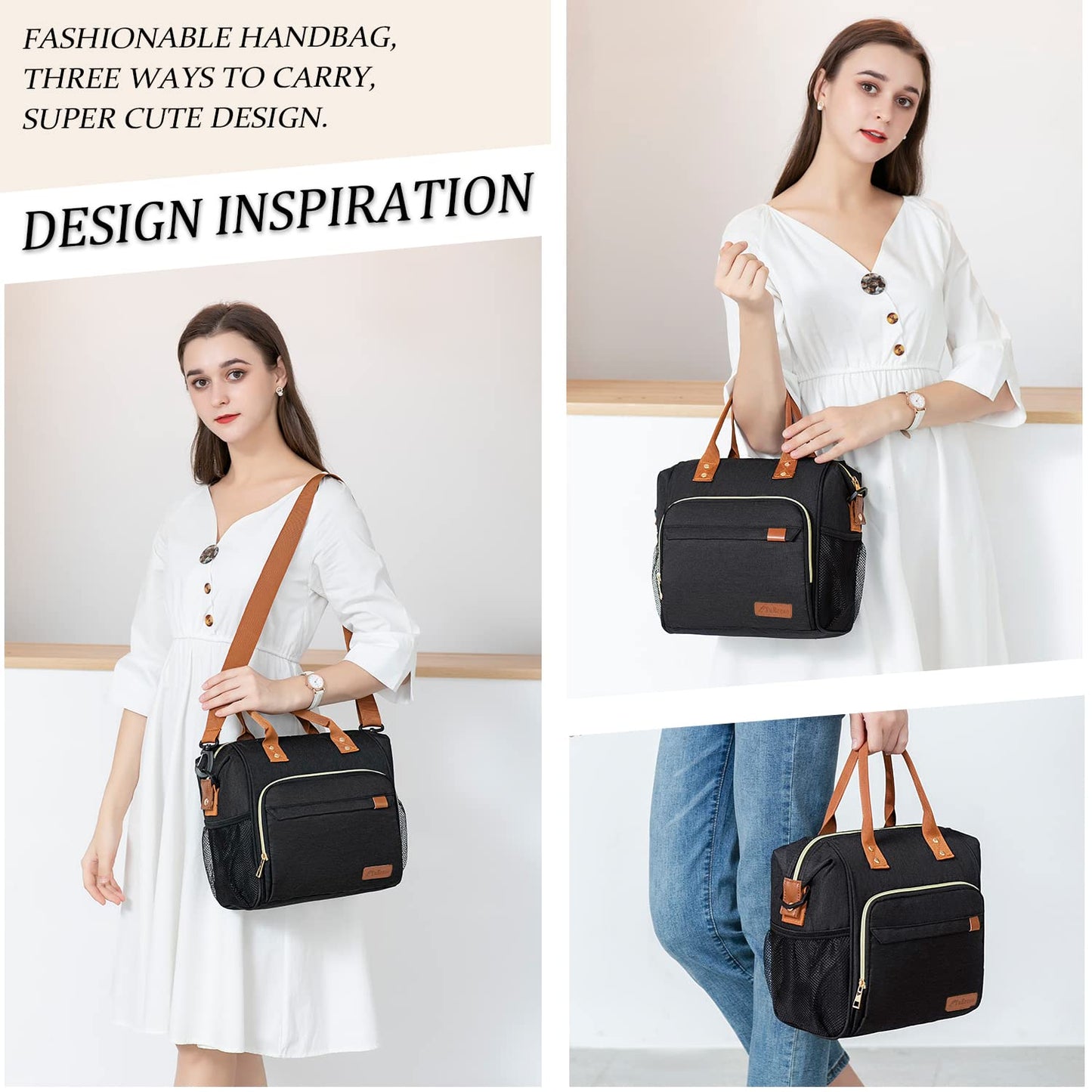 Black Lunch Box for Women Insulated Lunch Bag for Work - Adult Stylish Lunch Tote Bag for Shopping Soft Cooler for Beach Picnic Travel