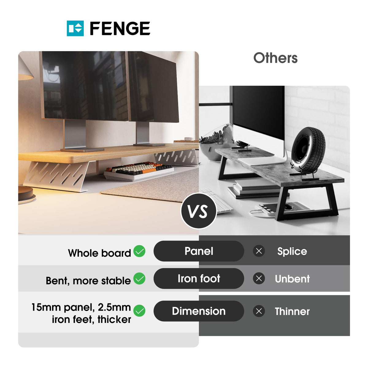 Fenge Dual Monitor Stand Riser, 42.5 Inch Desk Top Shelf for 2 Monitors, Computer Stands for Desk, Wood & Steel Desktop Riser for Laptop, PC, Printer