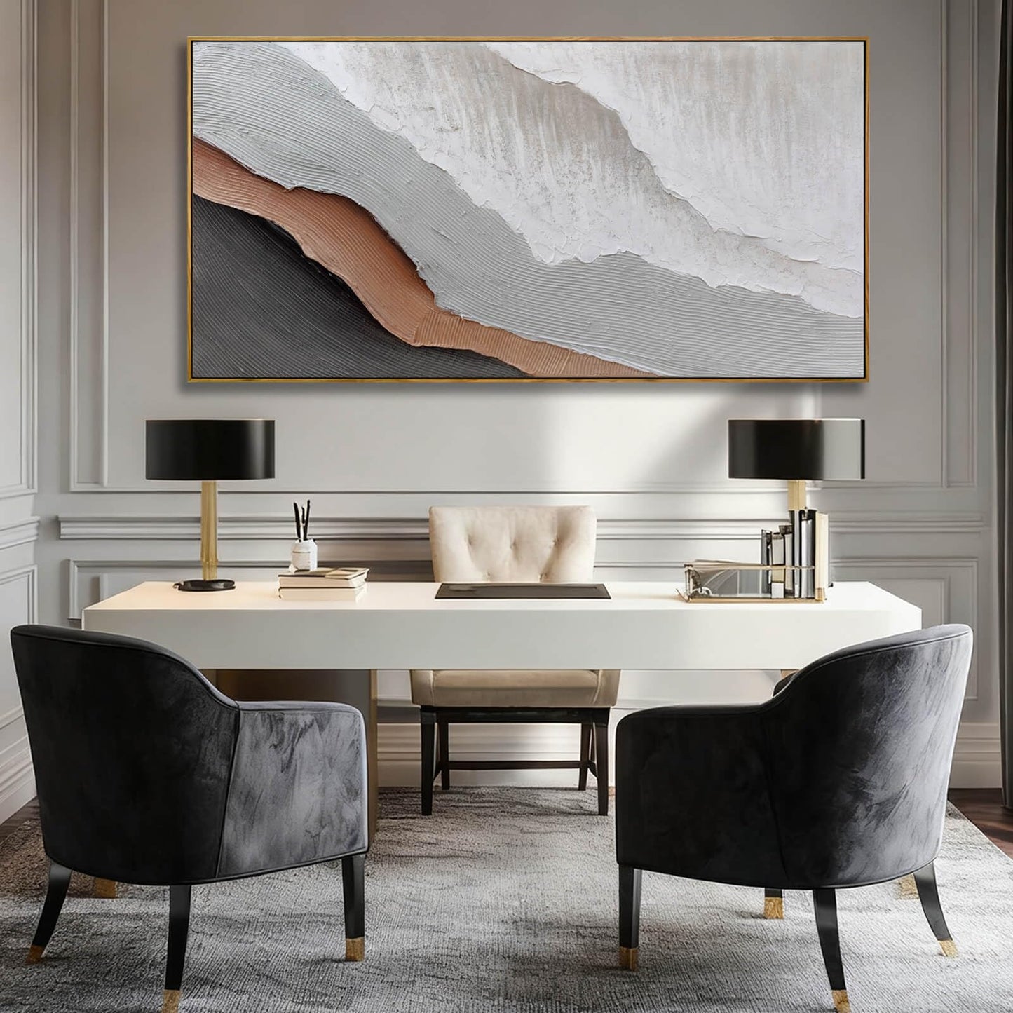 Textured White Wall Art,Grey Abstract Artwork,Large Framed Modern Pictures,Wave Landscape Oil Painting 24"x48"for Home Office Gallery