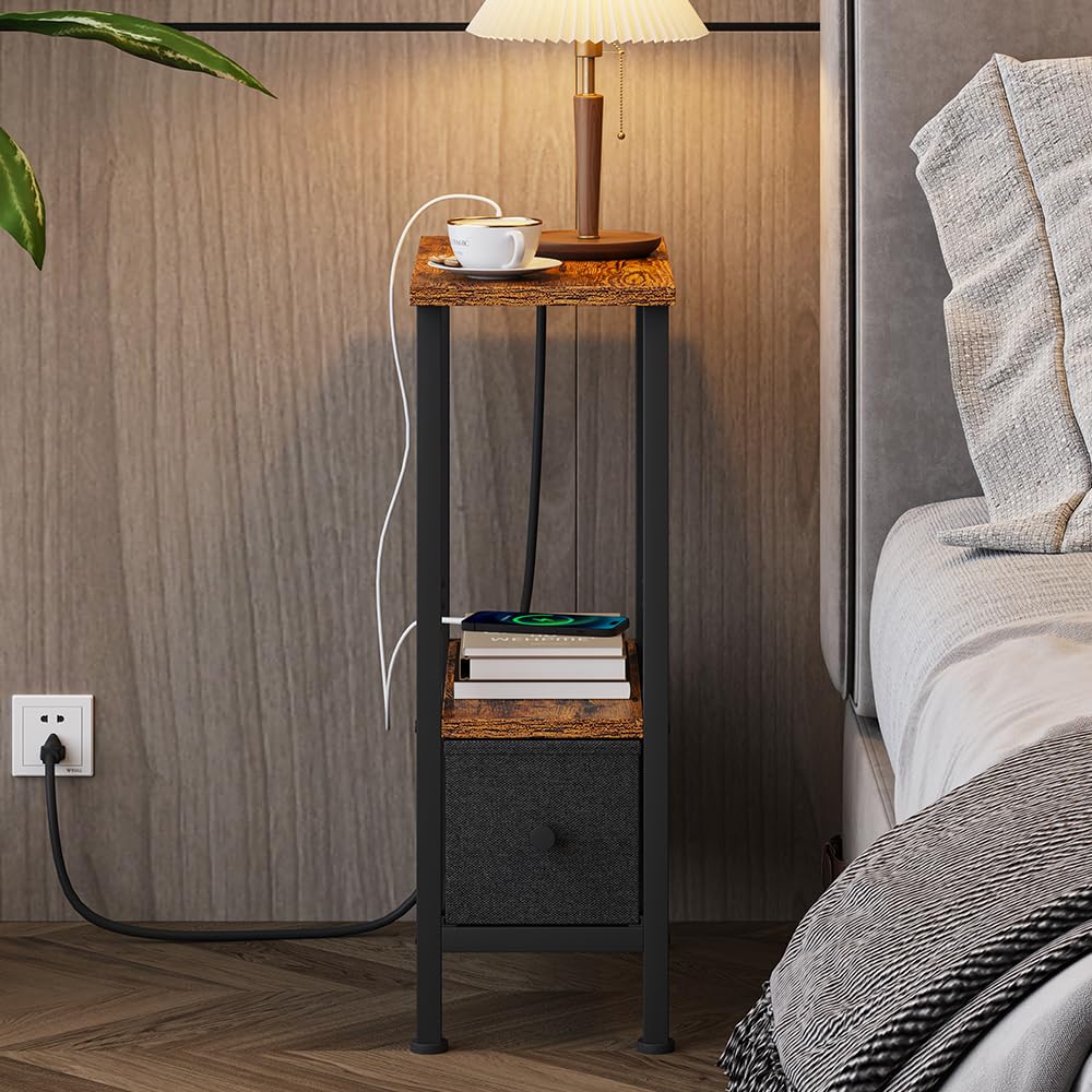 VIMBER Narrow Side Table for Small Spaces, Skinny End Table with Charging Station, Sofa Beside Table with 1 Drawer 1 Open Compartment, Slim Nightstand with USB Ports Outlet, Rustic and Brown
