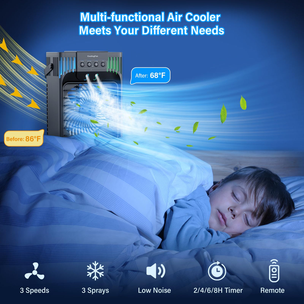 Serantzon Portable Air Conditioners, 4-in-1 Evaporative Air Cooler with Remote Control, Cooling Fan with 3 Modes, 3 Speeds & 7 LED Lights, 2-8H Timer, 1200ML Personal Mini AC Unit for Home, Bedroom
