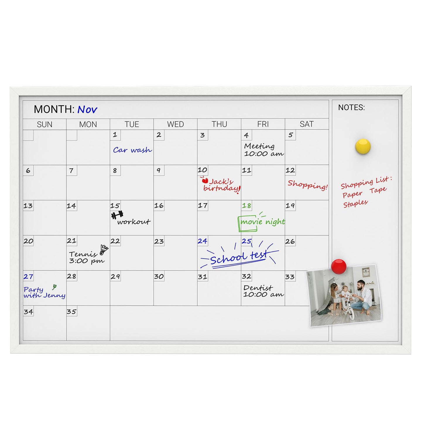 Comix Dry Erase Calendar for Wall, Magnetic Calendar Whiteboard with White Wood Frame, 36 * 24 inches Decorative Monthly Planner Board for Office, School, Home, Kitchen