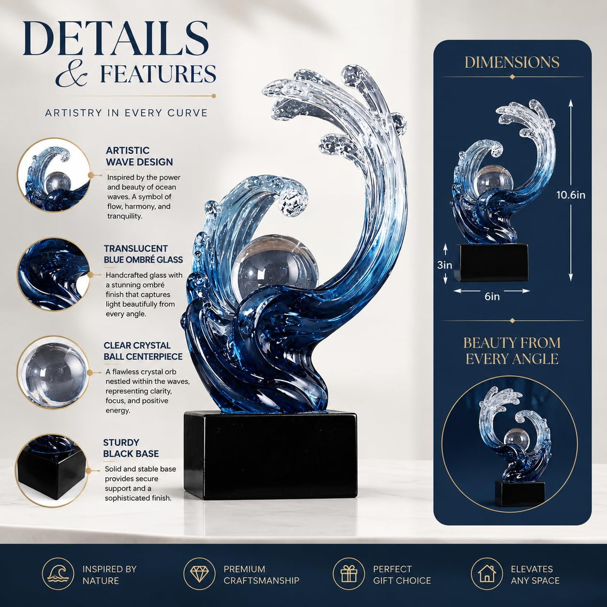 XYQXYQ Modern Abstract Decorative Wave Statue, Gold Abstract Art Home Decor,Crystal Ball Art Wave Resin Sculpture, Office Desk Stand, Dining Table Center Decorative Aesthetics (Blue)