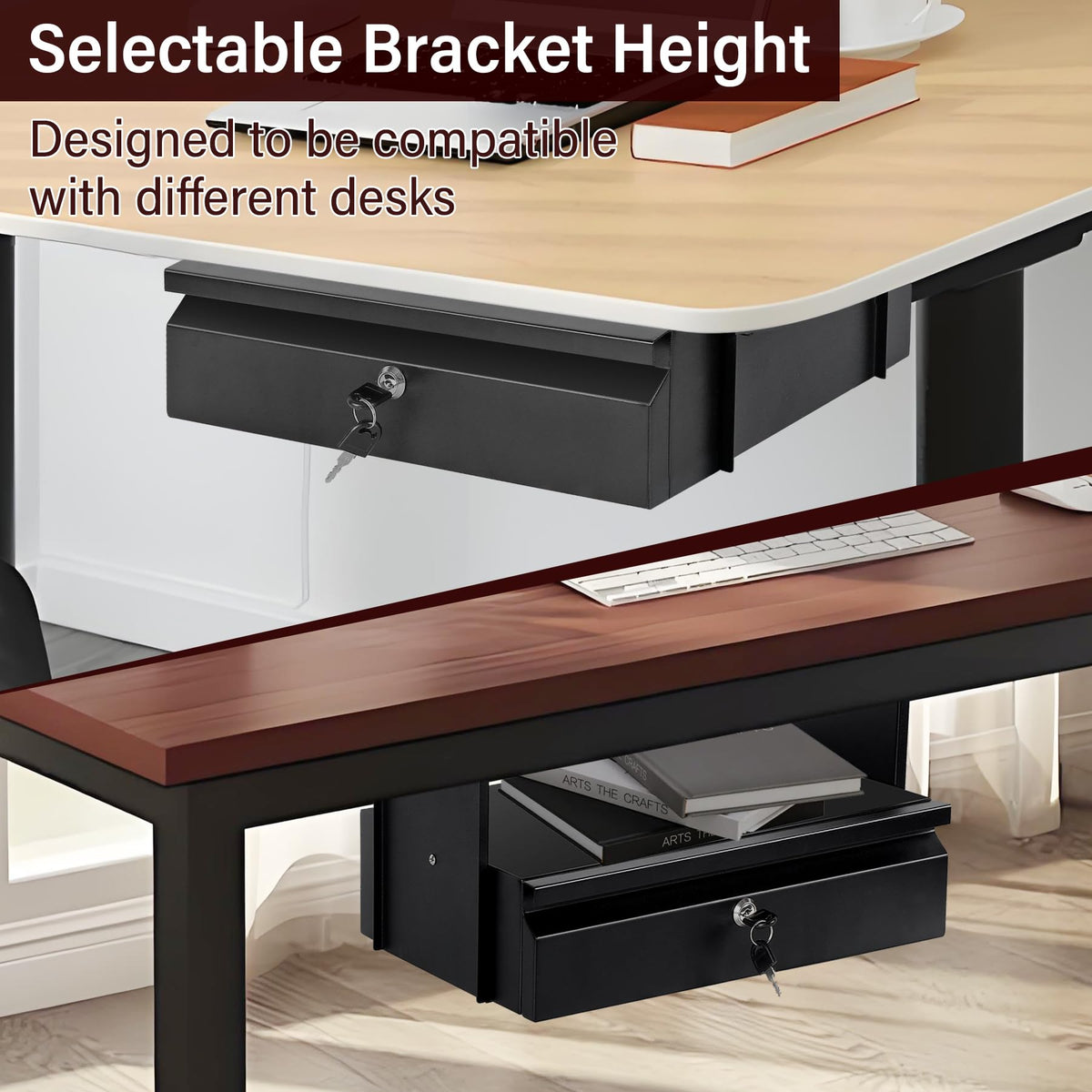 Toriexon Under Desk Drawer 15.7" x 11.8" x 4.3", Under Desk Pull Out Drawer with Lock and Keys, 4.3” & 7.5” Optional Bracket Height, Storage Organizer for Workbench with Drawers