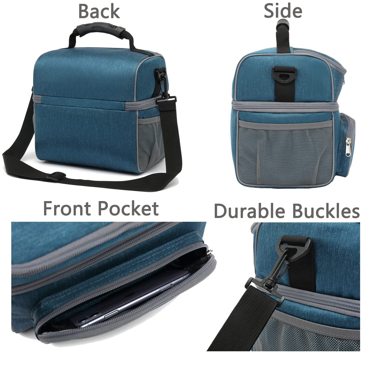 FlowFly Double Layer Cooler Insulated Lunch Bag Adult Lunch Box Large Tote Bag for Men, Women, With Adjustable Strap,Front Pocket and Dual Large Mesh Side Pockets,Lake Blue