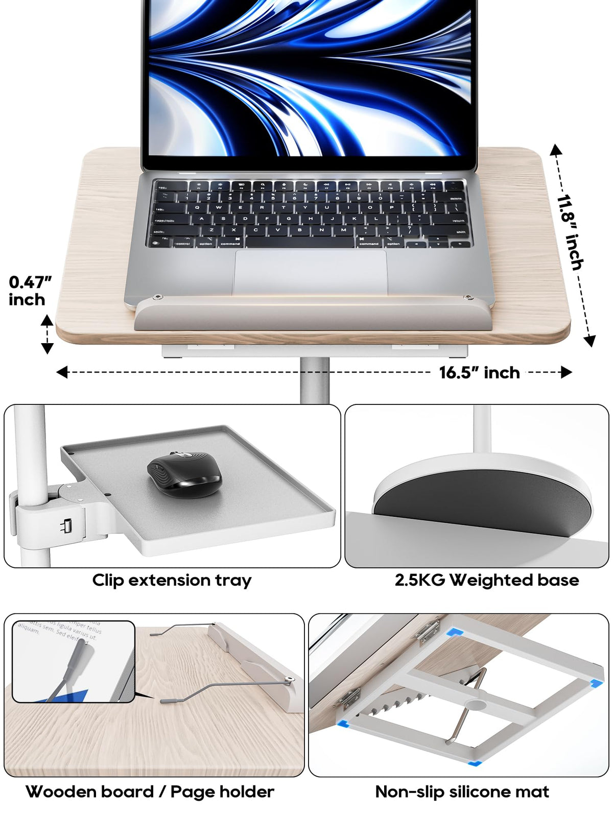 2 in 1 Adjustable Book Stand - Dual-Use Floor and Desktop Book Holder Stand, Height Adjustable 23.5-52 in, Elastic Page Clips for Music Sheet, Recipe, Tablet, Laptop-White