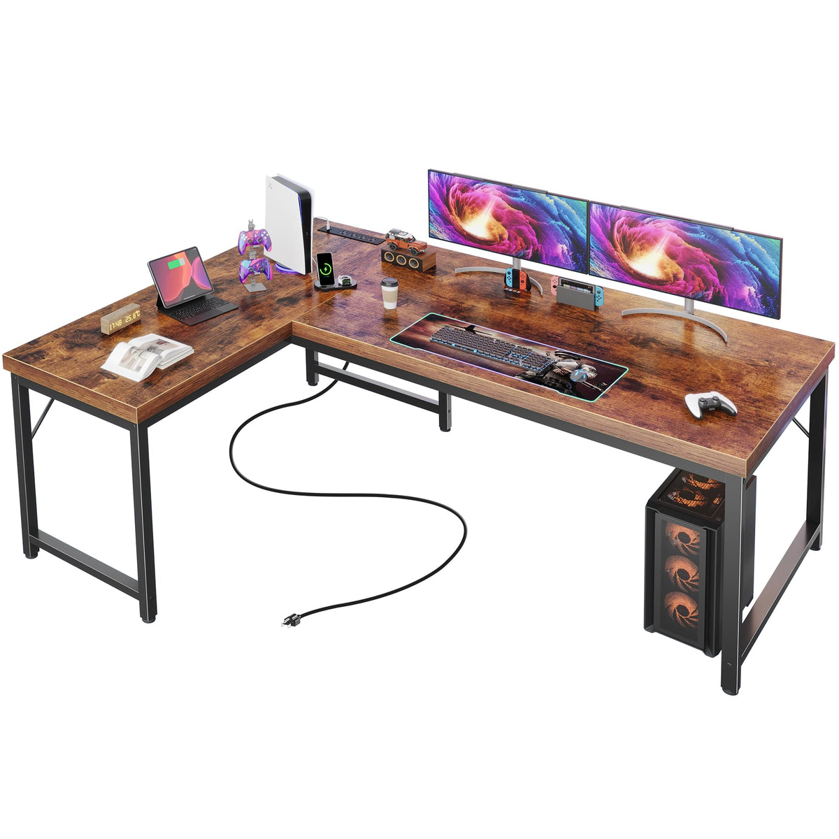 Huuger 55 Inch L Shaped Desk with Power Outlets and USB-C Port, 0.95 Inch Thicker Desktop, Reversible Computer Desk, Larger Office Corner Gaming Desk, Metal Frame, for Home Office, Study, Rustic Brown