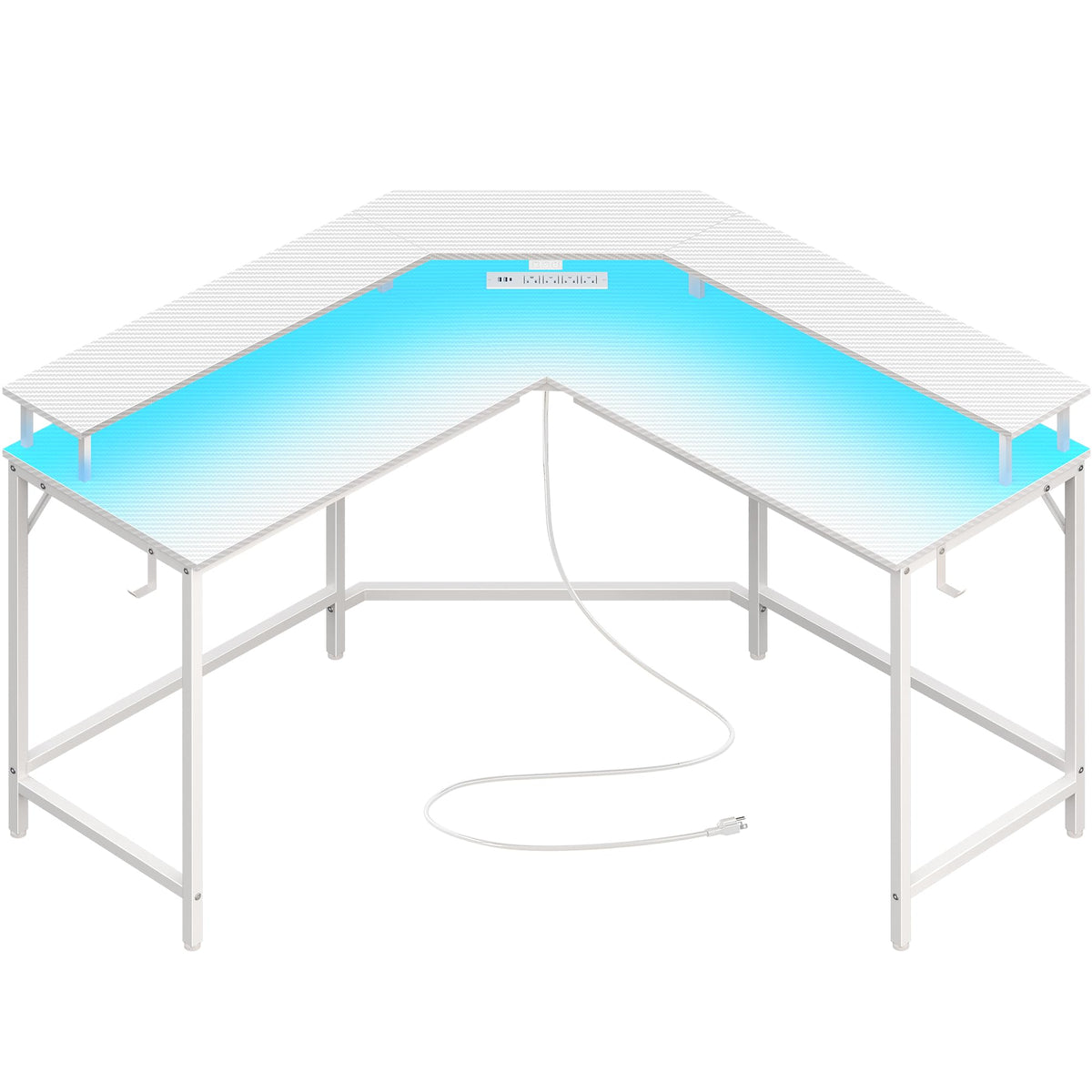 Huuger L Shaped Gaming Desk with Power Outlets & LED Lights, Computer Desk with Monitor Shelves, Carbon Fiber Surface, Home Office Desk, Corner Gaming Desk with Hooks, Carbon Fiber White