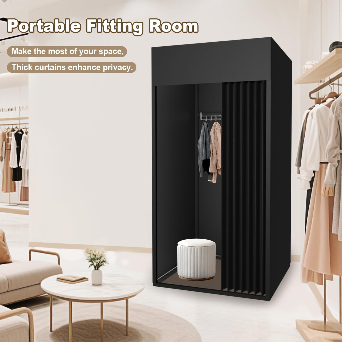Pengfei Portable Fitting Room, Dressing Room Frame with Curtain and Hook, Changing Room for Clothing Store, Boutiques, Office, Temporary Privacy Space, Easy to Assemble, Black, 39x39x79 inch