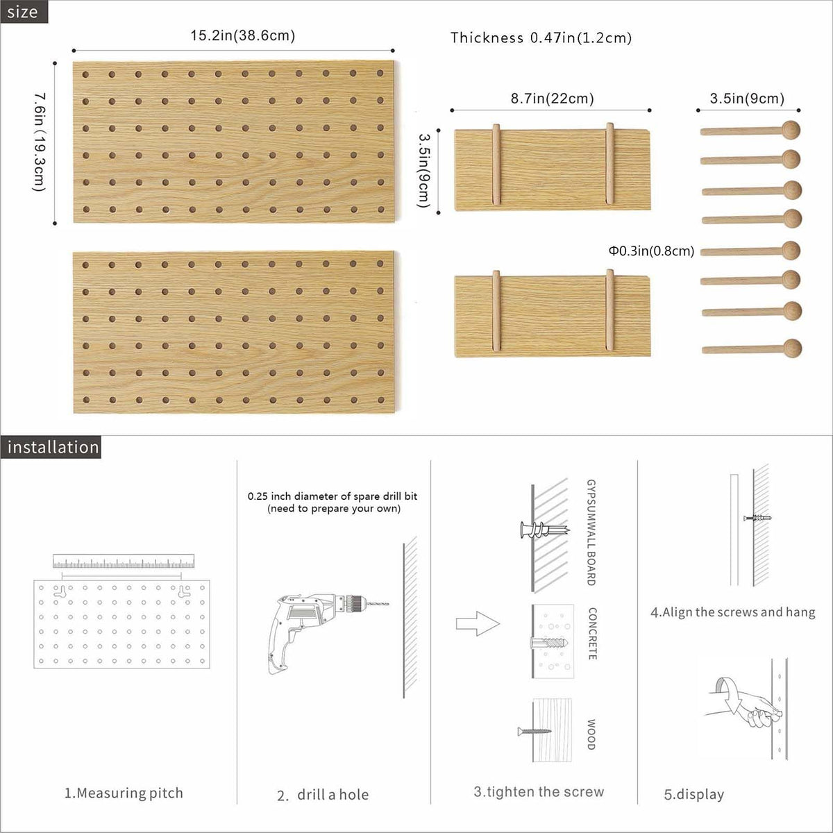 XAOMLP Wooden Pegboard Modular Display Organization Storage Wall Hooks Shelf(Color:Oak)
