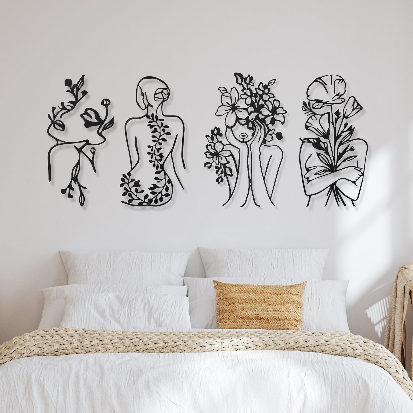 Therwen 4 Metal Wall Art Decor Minimalist Abstract Woman Single Line Drawing Wall Art Female Home Decor Hanging Art Print for Bedroom Bathroom Living Room, Black 17 x 10 in(Stylish Style)