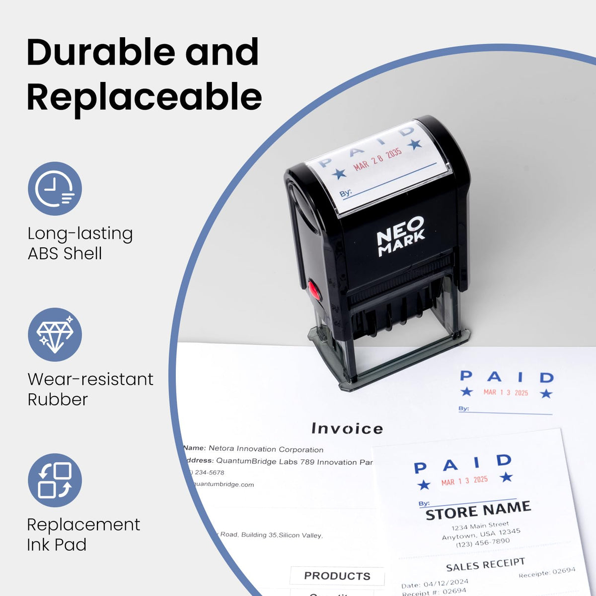 NEO MARK Large Self-Inking Date Office Stamp with Paid Blue Ink & Date Red Ink, 12-Year Adjustable Rubber Dater, Ideal for Documents, Business & Accounting - with an Extra Refill Ink Pad