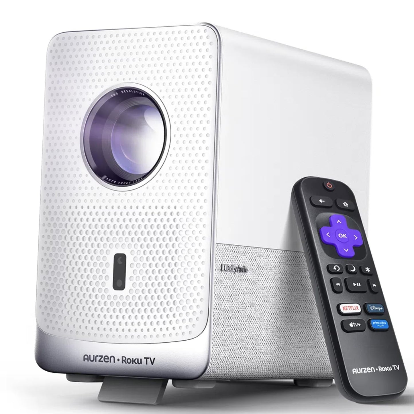 Aurzen Roku TV Smart Projector with Wifi and Bluetooth, D1R Cube Roku Streaming Experience Built-in, Sealed Optical Engine, 1080P FHD, DoIby Audio, Portable Mini Projector for Home/Outdoor Movies