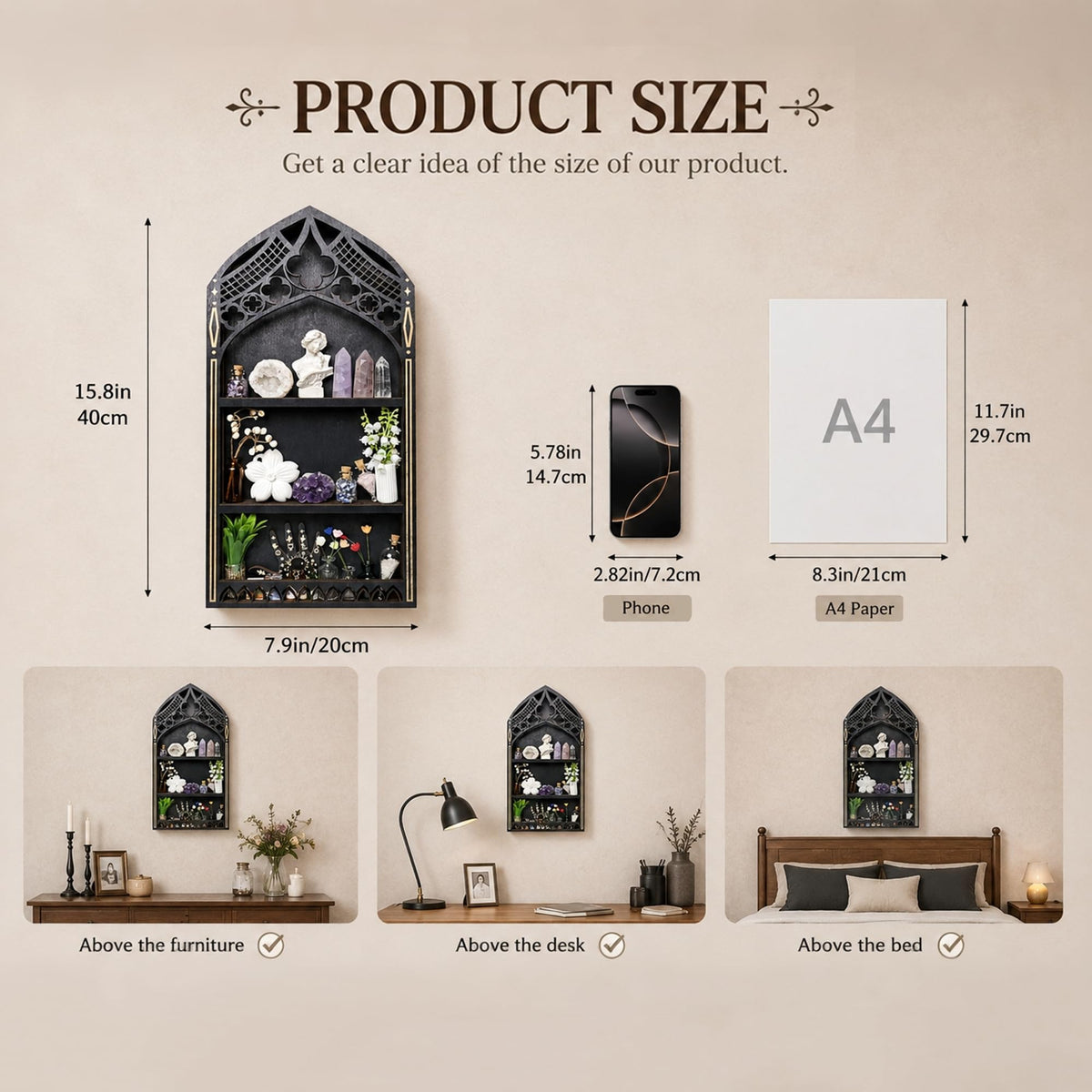 Gothic Window Crystal Shelf Display for Wall, Wooden Gem Stone Rock Storage Holder Trinkets Organizer, Wall Mount Stand Case Box for Witch Wiccan Decor, Spiritual Gift for Home Bedroom Living Room
