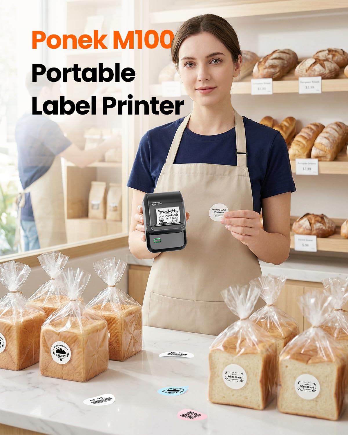 Ponek Label Maker Machine with Tape, M100 Address Barcode Label Printer, Versatile App 4000 Icons and 300 Fonts, Industrial Label Makers for Small Business, Office, Home, School, Safety Label Makers