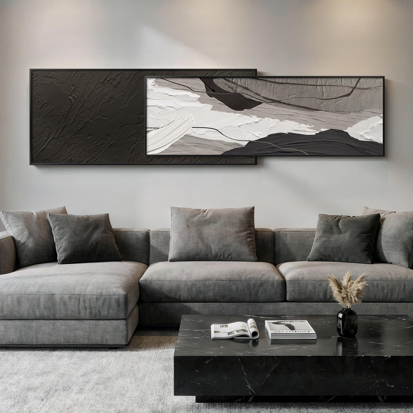 Extra Large Framed Black and White Abstract Wall Art for Living Room, Set of 2 Long Horizontal Modern Canvas Prints Paintings, Minimalist Gray Pictures for Bedroom Dining Room Office Wall Decor
