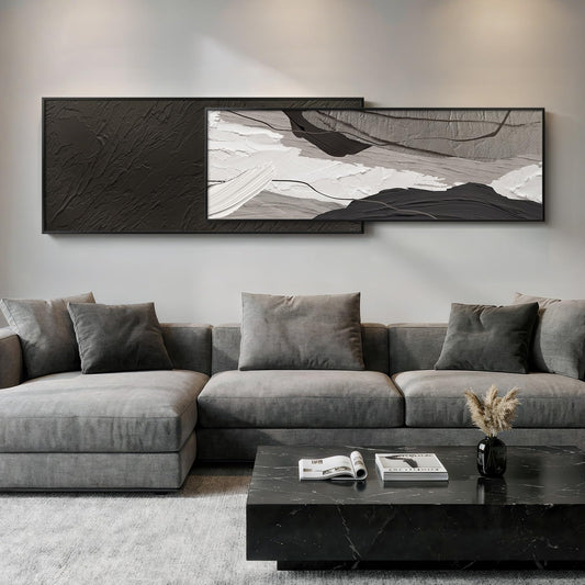 Extra Large Framed Black and White Abstract Wall Art for Living Room, Set of 2 Long Horizontal Modern Canvas Prints Paintings, Minimalist Gray Pictures for Bedroom Dining Room Office Wall Decor