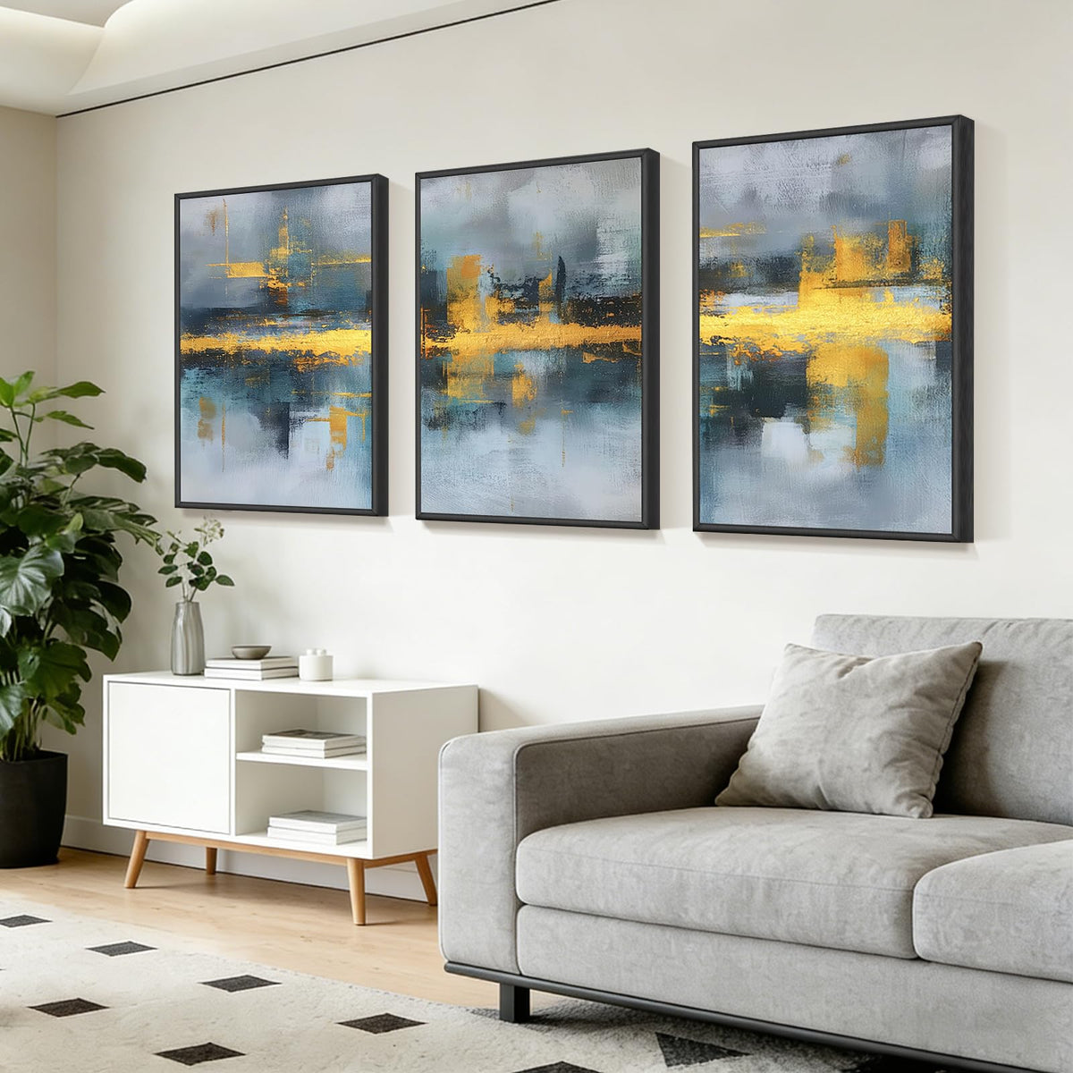 Blue and Gold Abstract Wall Art Set of 3, Modern Framed Canvas Wall Art 16x24 Inch, Luxury Abstract Landscape Wall Painting for Living Room Bedroom Office, Metal Frame Ready to Hang