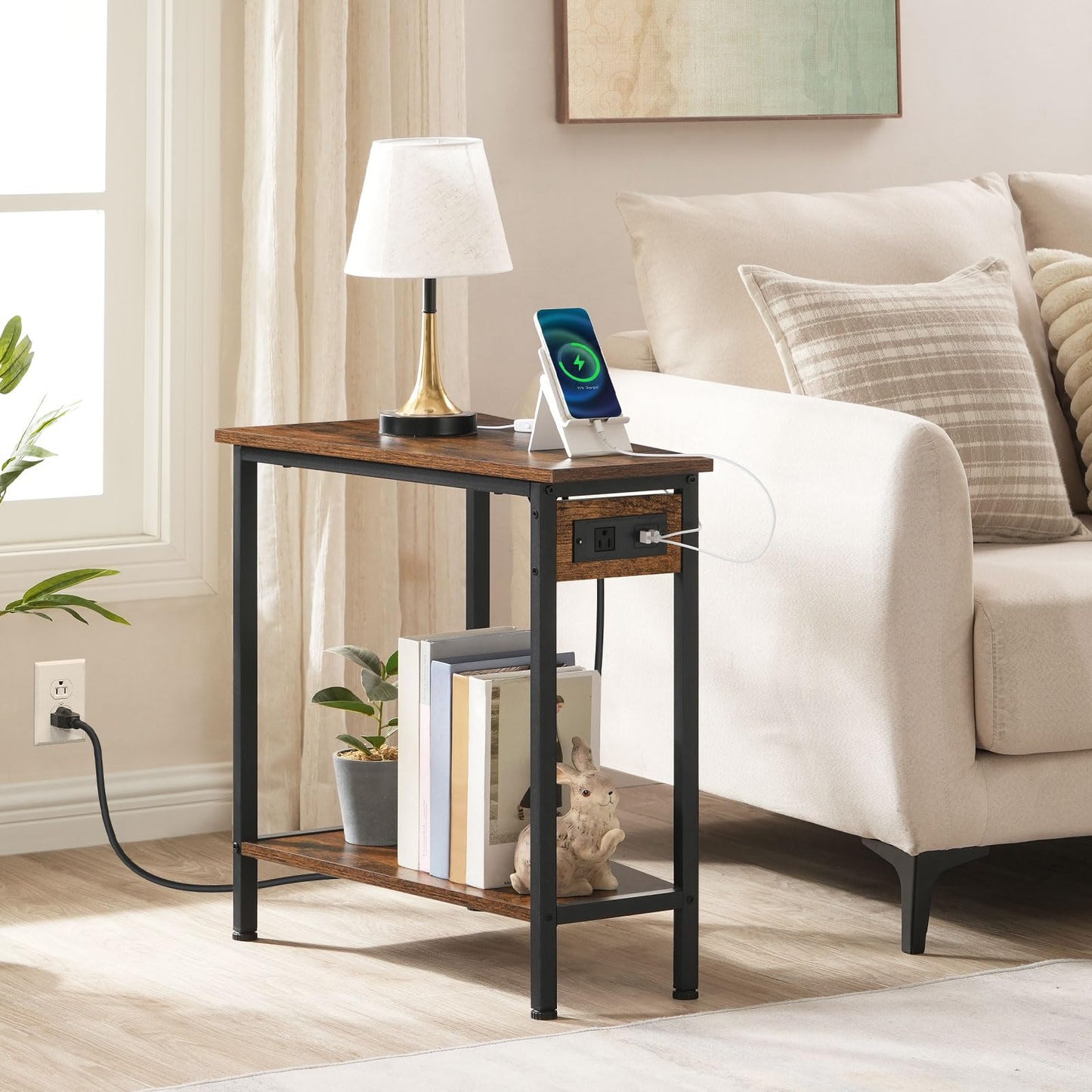 HOOBRO Wedge End Table with Charging Station, Recliner Wedge Side Table with Open Storage Shelves, Industrial Triangle Accent Table for Small Spaces, Corner, Living Room, Rustic Brown BF64UBZ01G1