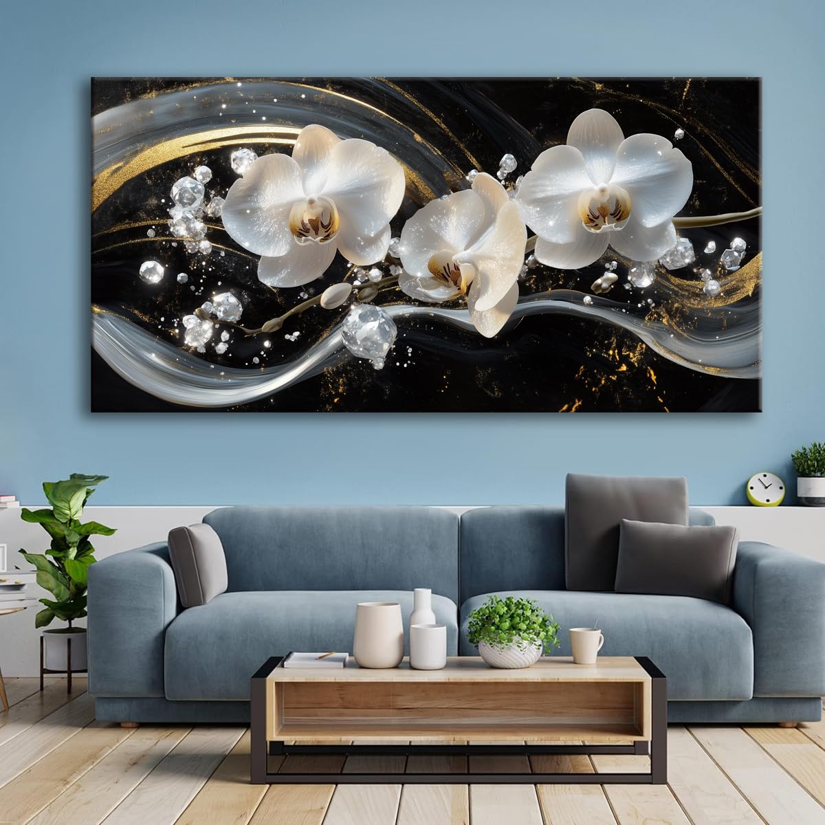 White Orchid Canvas Wall Art - Modern Floral Picture for Living Room, Bedroom Wall Decor, Framed Wall Art for Home Decoration, Elegant Flower Paintings Ready to Hang, Large Wall Art 50x100cm(20x40in)