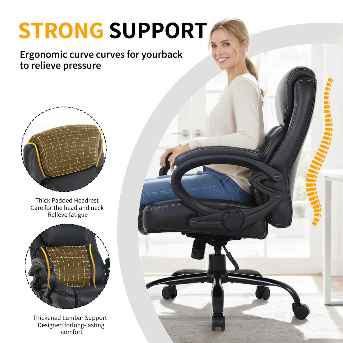 BestOffice Big and Tall Heavy Duty Office Chair 400lbs Wide Seat Ergonomic Computer Desk Chair with Arms and Lumbar Support High Back PU Leather Executive Task Computer Chair for Back Pain, Black