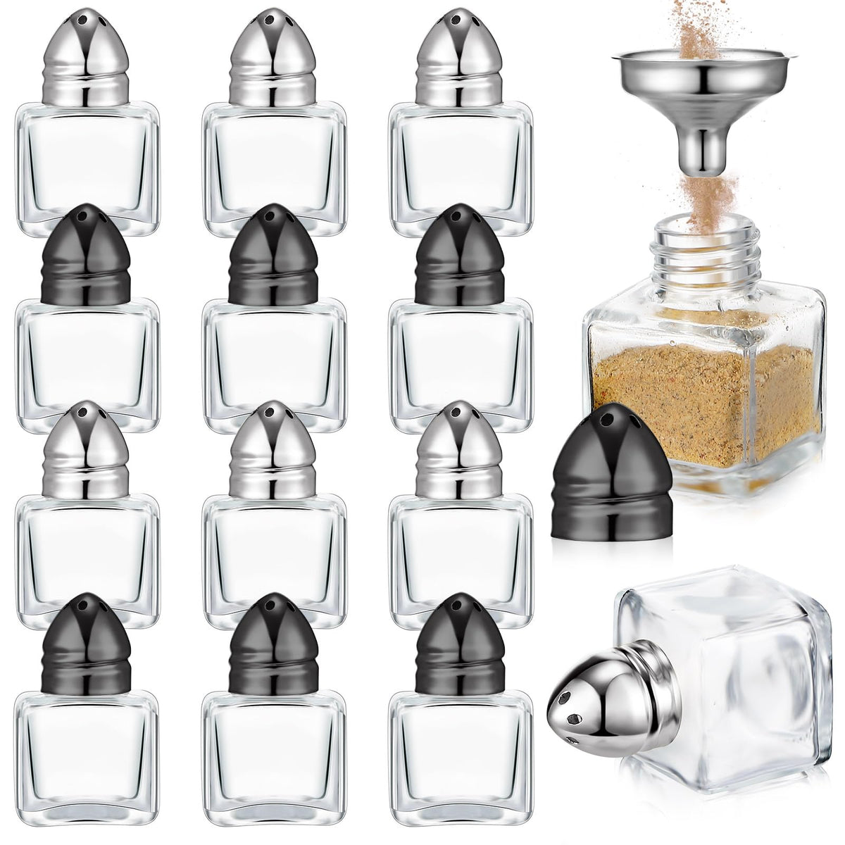 Uiifan 12 Pcs 0.5 oz Cube Shape Small Salt Pepper Shakers with Tone Tops Clear Mini Glass Seasoning Jars Spice Salt Shakers with Funnel for Wedding Party Restaurant Home Kitchen (Black,Silver)
