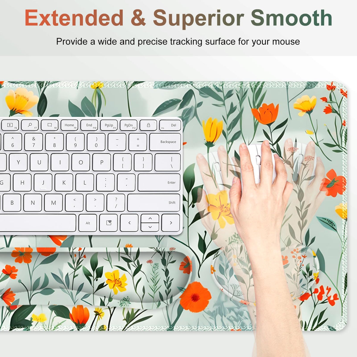NXZGO Large Gaming Mouse Pad Set, 4 in 1 Ergonomics Keyboard Desk Mat Memory Foam Wrist Rest, Computer PC Extended Game Mousepad, Non-Slip Desk Matt Easy Typing Pain Relief I Blooming Orange Florals