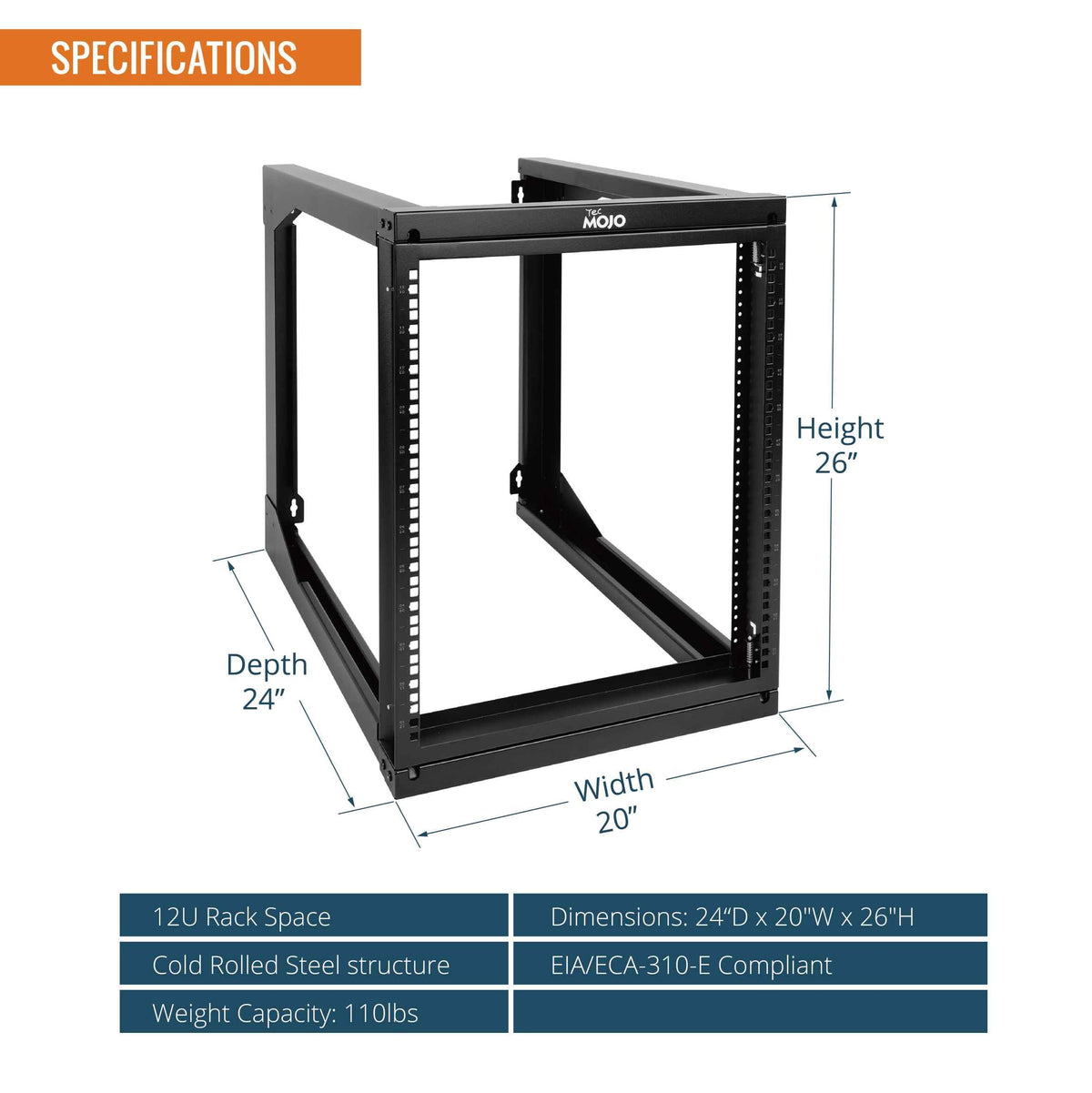 Tecmojo 12U Wall Mount Server Rack, Open Frame Network Rack for 19" Computer/AV/Data/IT/Media Equipment, 24" Depth, 16" Apart Mounting Holes, Swing Gate, Square and Tapped Holes