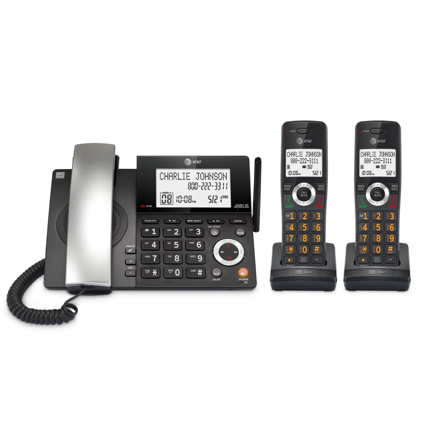 AT&T CL84218 DECT 6.0 Corded/Cordless Phone System with Smart Call Blocker, Answering Machine & 2 Handsets Long Range, Big Buttons for Seniors, Charcoal Black