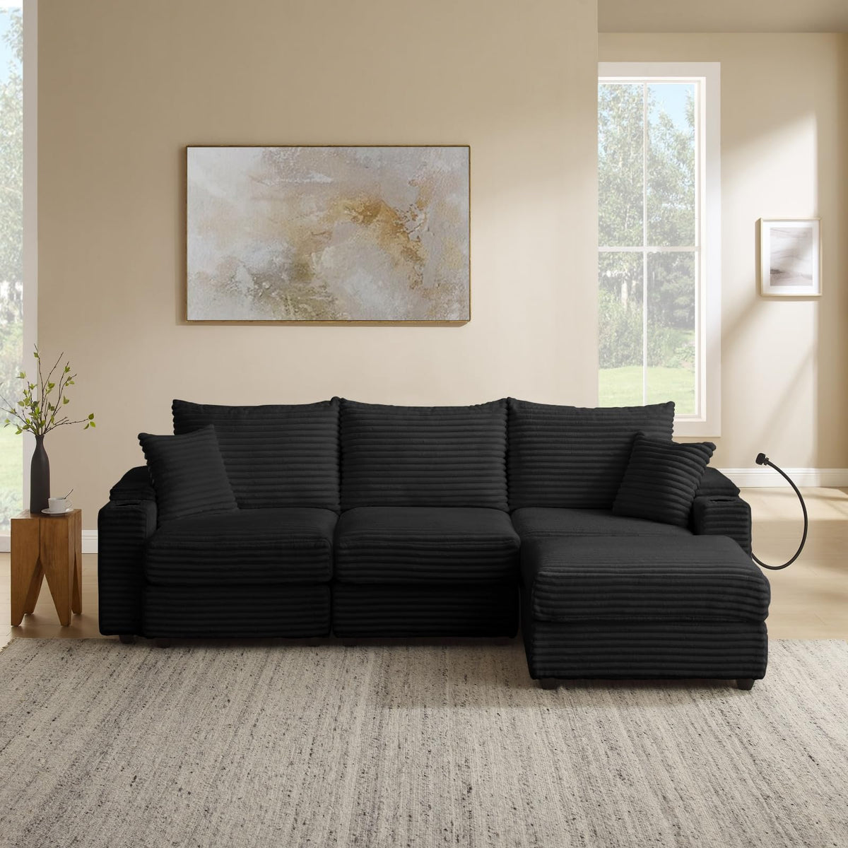 104.3" Modular Sectional Sofa, L-Shaped Couches for Living Room, Comfy Cloud Couch with Ottoman, Convertible 4 Seats Deep Seat Sofas, Black Corduroy Couch with Charger, Cup Holders & Armrest Storage