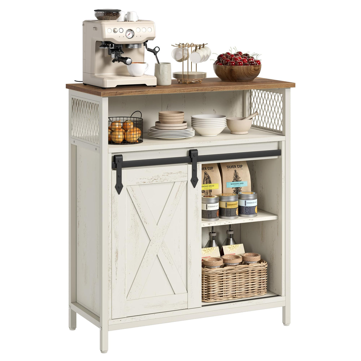 VASAGLE Buffet Cabinet, Coffee Bar Storage Cabinet, Sideboard with 1 Sliding Barn Door, Adjustable Shelves, 11.8 x 27.6 x 31.5 Inches, for Living Room, Rustic White and Honey Brown LSC089WJ02S