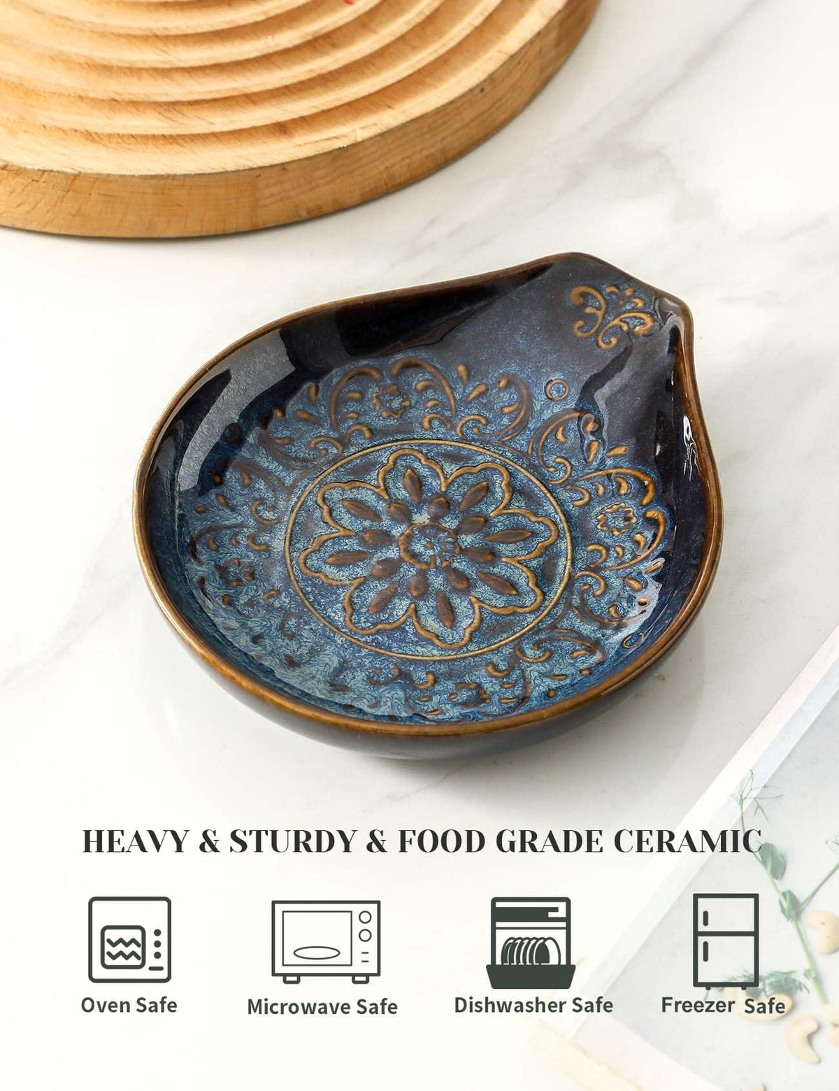 Ryfog Spoon Rest for Stove Top, Ceramic Cooking Spoon Holder for Kitchen Counter, Farmhouse Cooking Utensil Holder for Spoons, Ladles, Spatula, Glazed Blue