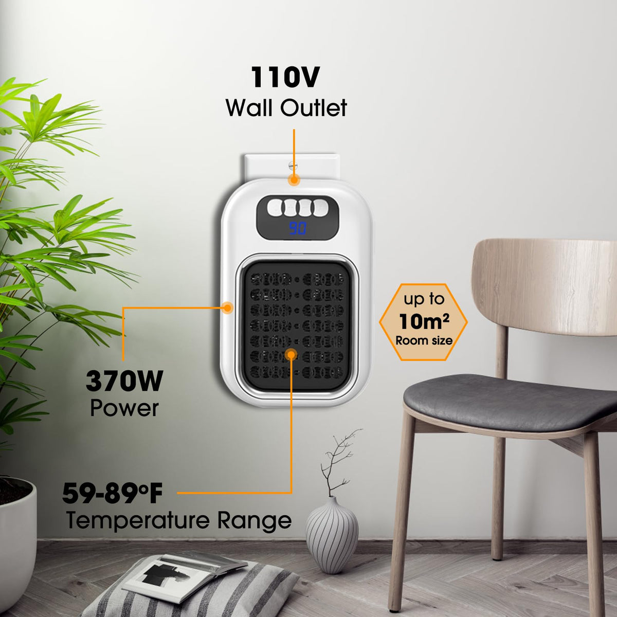 SUIDREAMS 370W Space Heater, Wall Outlet Electric Space Heater as Seen on TV with Timer, Led Display, Adjustable Thermostat, Compact for Office Dorm Room