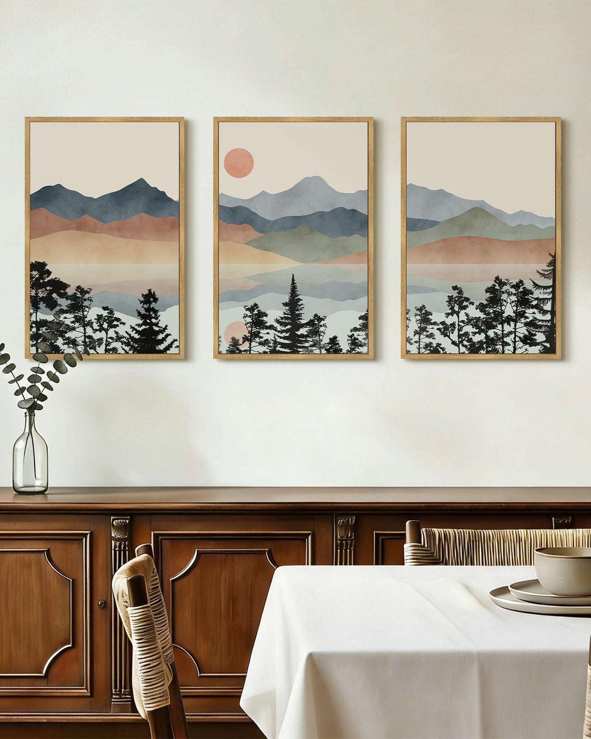 Drsoum Mountain Range Landscape Wall Art Framed Ink Wash Watercolor Nature Wall Decor Laker Sun Rises Prints Bedroom Living Room Ready to Hang 16x24in Natural Framed