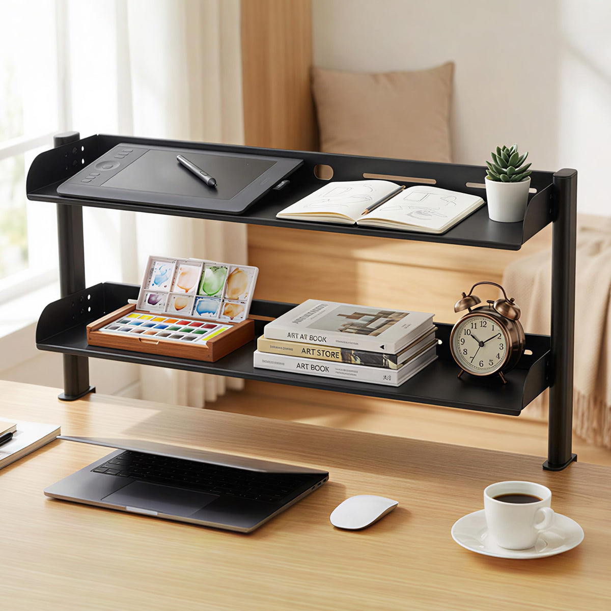 MLLNFUE 24-Inch Clamp On Desktop Shelf, 2-Tier Office Desk Organizer, Extended Compact Desk Shelf for Home Workspace, Study Room, and Gaming Accessories Storage